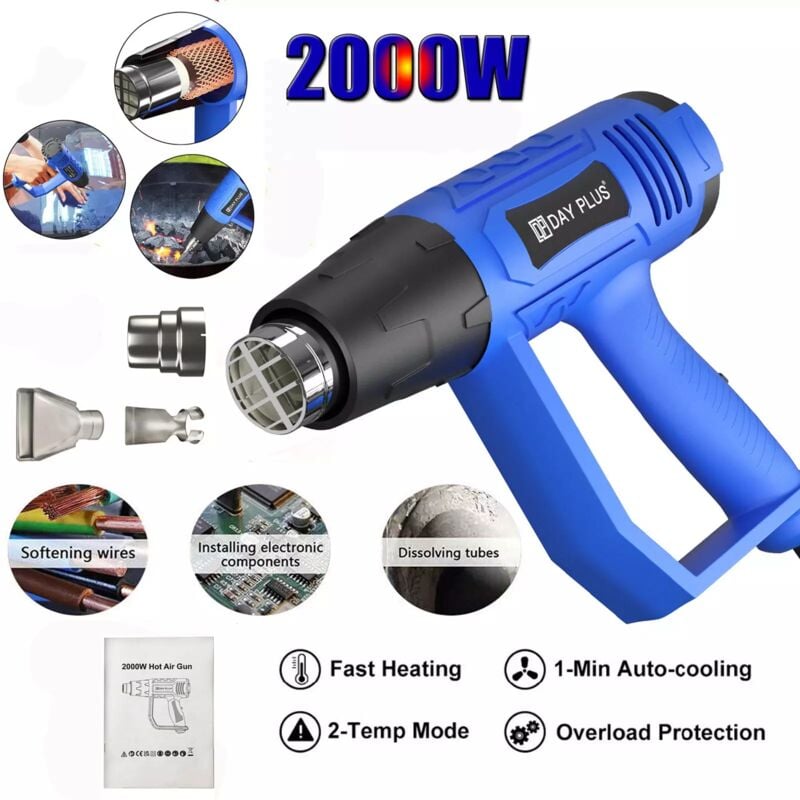 Pistolet à air chaud 2000W Soufflerie d'air chaud à double température + 3 buses Chauffage pour bricolage