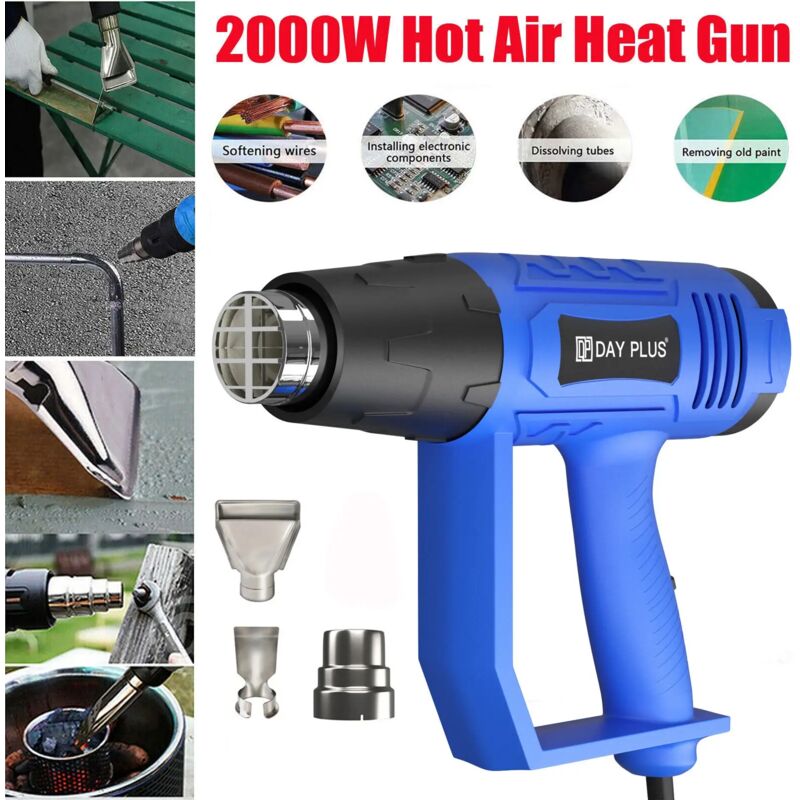 Day Plus - Pistolet à air chaud + 3 buses pour l'artisanat, la rétraction de pvc, la réparation de téléphone et le décapage de peinture