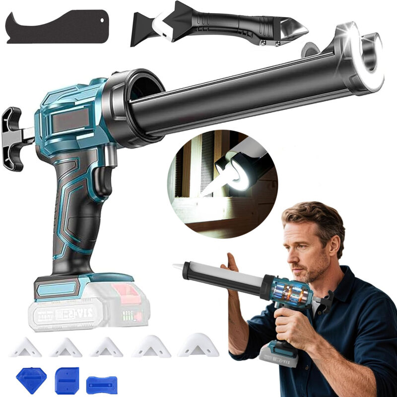 Pistolet à calfeutrer électrique compatible avec batterie, pistolet à calfeutrer sans fil de avec lumière LED, 4 vitesses réglables, pistolet à