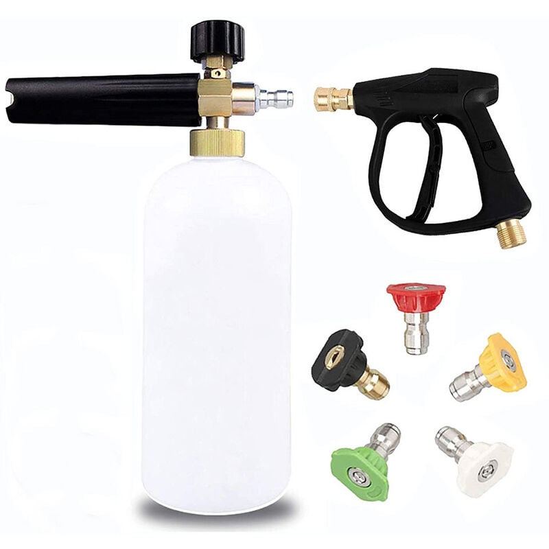 Pistolet à canon à mousse haute pression, 1 litre réglable 1/4 réglable Lance en mousse de neige Bouteille de distributeur de savon avec 5 buses et