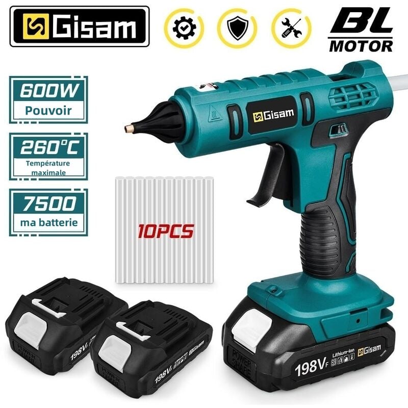 Gisam - Pistolet à colle électrique portable sans fil 18 v (2 piles incluses),avec 10 bâtons de colle pour travaux manuels, bricolage, réparations