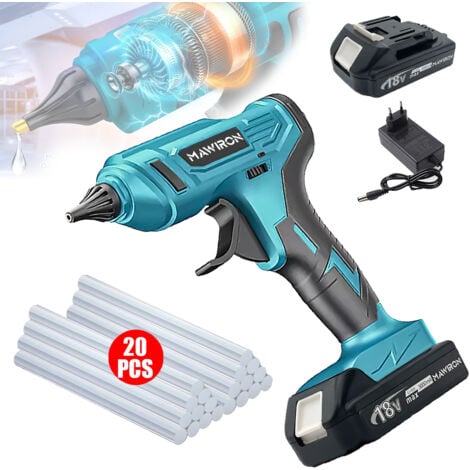 PEDONY Pistolet à colle , Pistolet à colle thermofusible électrique sans fil 100 W avec 20 bâtons de colle 11 mm, 2 batterie 3,0 A + chargeur, compatible avec la batterie Makita