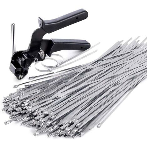 Pistolet à colliers de serrage en acier inoxydable, conçu pour fixer et couper les colliers de serrage métalliques, comprend 100 colliers de serrage de 11,8 pouces.