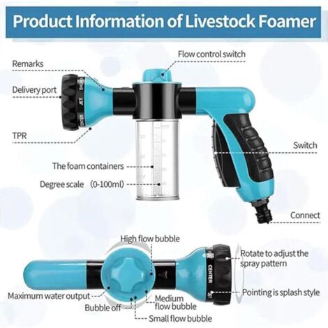 Pistolet à eau de lavage de voiture à mousse multi-usages haute pression Distributeur de savon et de shampoing pour lavage d'animaux et buse de pulvérisation de tuyau d'arrosage