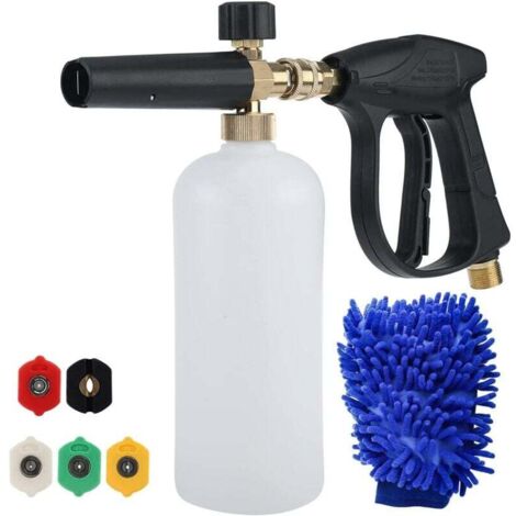 Pistolet à Haute Pression Cannon à Mousse, 1L Réglable 1/4 Rapide Lance de Mousse de Neige Distributeur de Savon Bouteille avec 5 Buses et 1 Gant, pour Nettoyer les Motos et les Voitures, 8 pièces
