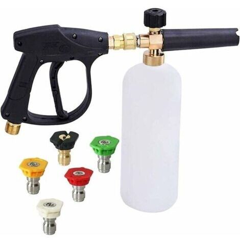 Pistolet à Haute Pression Cannon à Mousse, 1L Réglable 1/4 Rapide Lance de Mousse de Neige Distributeur de Savon Bouteille avec 5 Buses et Pistolet Lance en Mousse pour Lavage de Voiture