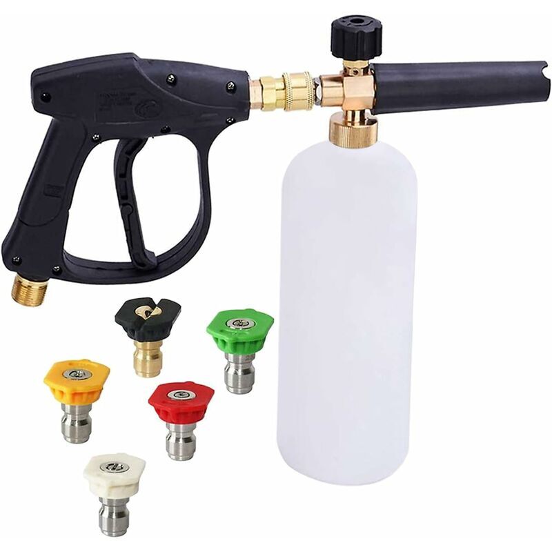 Pistolet à Haute Pression Cannon à Mousse, 1L Réglable 1/4' Rapide Lance de Mousse de Neige Distributeur de Savon Bouteille avec 5 Buses et Pistolet