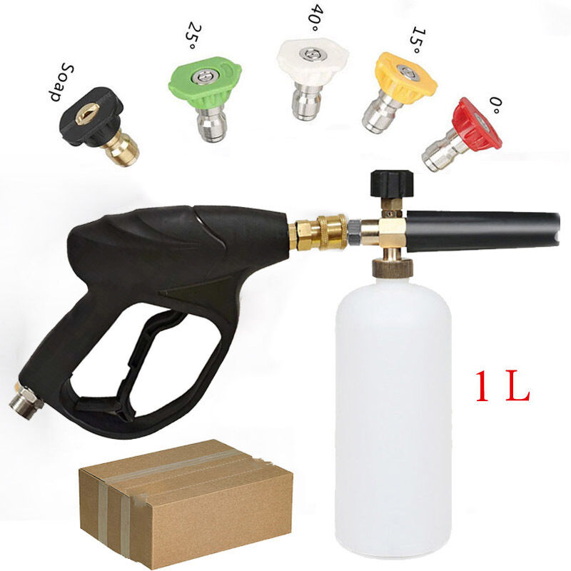 Aiperq - Pistola de cañón de espuma de alta presión, botella dispensadora de jabón con lanza rápida de espuma para nieve, ajustable, 1/4 ', 1L, con 5