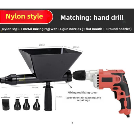 Pistolet à mortier ciment électrique  Coque nylon + tige mélange métal multi-têtes  Pour calfeutrage portes/fenêtres et jointoiement auto  Set avec perceuse manuelle