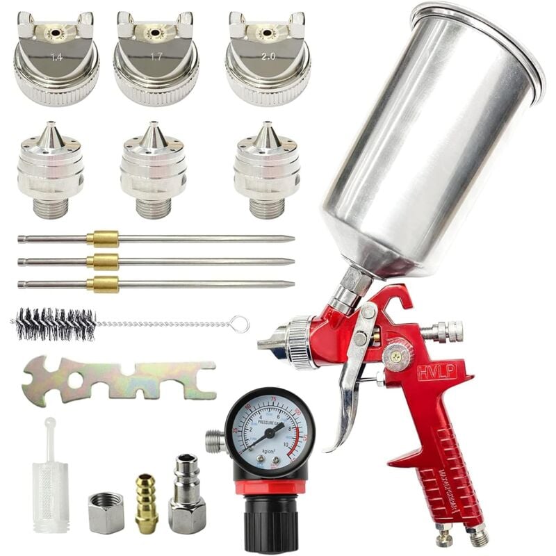 Aimoonsa - Pistolet à Peinture 1000cc 3 Buses 1.4mm 1.7mm 2.0mm, Pistolet à Pulvérisation à Alimentation par Gravité avec régulateur d'air (Rouge)