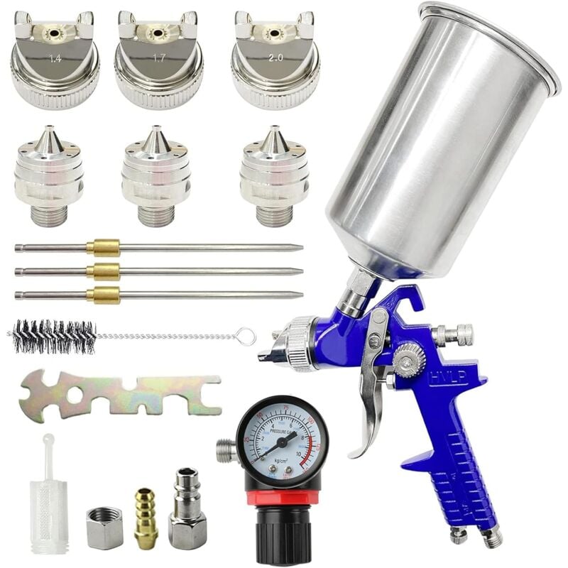 Aimoonsa - Pistolet à peinture 1000cc 3 Buses 1.4mm 1.7mm 2.0mm, Pistolet à Pulvérisation à Alimentation par Gravité avec régulateur d'air (Bleu)