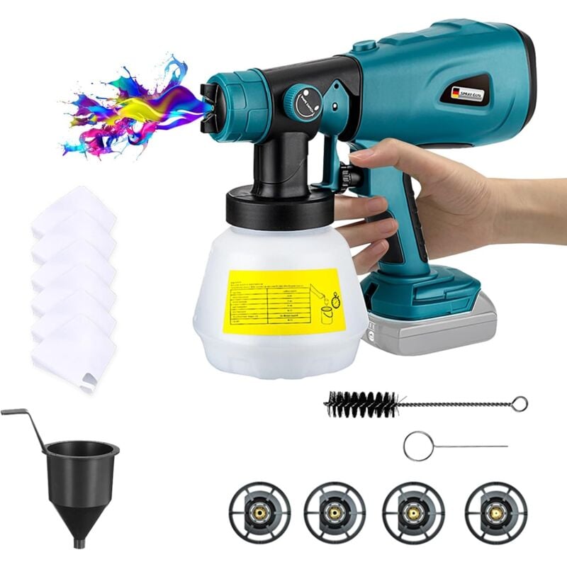 Pistolet a Peinture, Batterie système de pulvérisation Compatible avec Makita 18V avec raccords de Nettoyage et de soufflage, 4 Buses en cuivre et 3