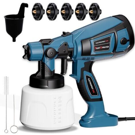 Pistolet à peinture électrique HVLP 800 W avec réservoir de 1400 ml, idéal pour peindre les meubles, abris de jardin, plafonds et clôtures. Il est équipé de 5 buses et propose 3 modes de pulvérisation