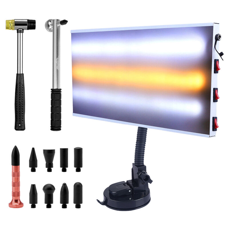 Famille - Kit de débosselage sans peinture, panneau lumineux led avec marteau de débosselage, marteau en caoutchouc, stylo à tapoter, têtes de