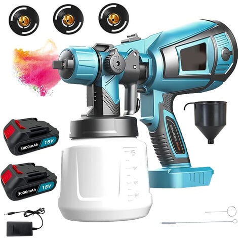 MAWIRON Pistolet à peinture,1000 ml pulvérisateur de peinture sans fil HVLP, pistolet de pulvérisation sans air +2x batterie de 3,0Ah + chargeur -compatible avec une batterie Makita