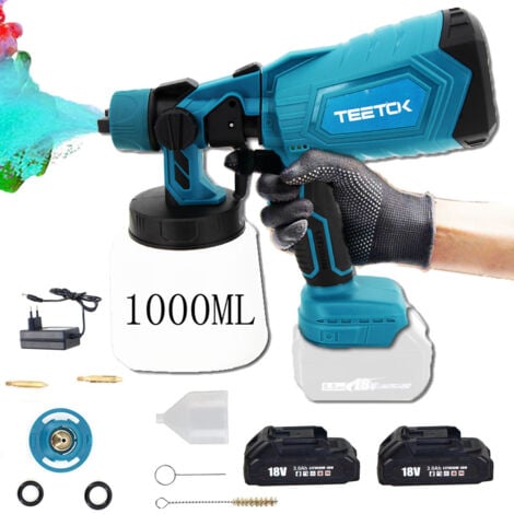 TEETOK Pistolet à peinture,Ensemble de système de pulvérisation de peinture à batterie Pistolet à peinture électrique Pistolet à peinture Pistolet à peinture 1000 ml Compatible avec la batterie Makita + batt