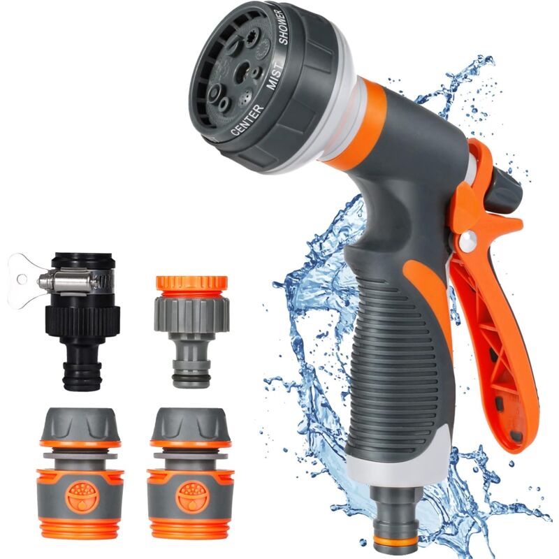 Pistolet d'arrosage, Pulvérisateur de Jardin, 8 Modes d'Arrosage Pistolet Arrosoir avec 4 Interface pour le Lavage des Voitures, les Jardins, les