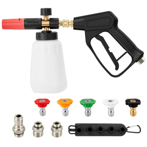 Pistolet de lavage à pression, pistolet à mousse pour lavage de voiture, nettoyeur haute pression angle réglable avec connecteur rapide 3/8", mousse avec 5 embouts et poignée