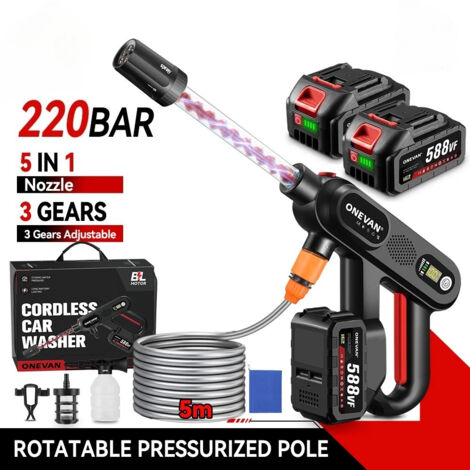 Pistolet de lavage haute pression 220 BAR 5 en 1 sans brosse – 3 vitesses, électrique 18 V compatible batteries Makita, Avec 2 batteries