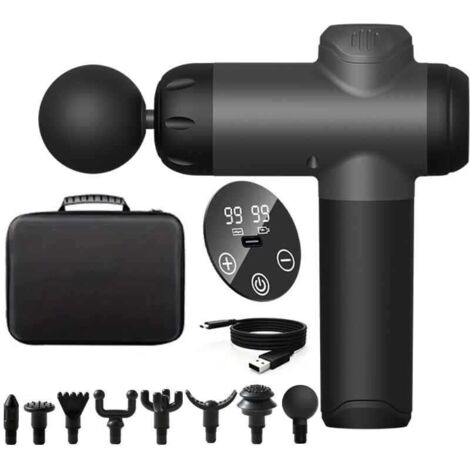 Pistolet de massage électrique noir avec 8 têtes de massage pour soulager les douleurs musculaires et favoriser la relaxation,