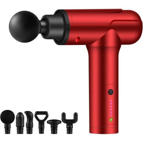 Pistolet de massage, massage des tissus profonds, réglage à 6 vitesses, avec 6 têtes, usage domestique, impact puissant (rouge)