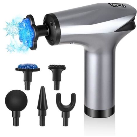 Pistolet de Massage Musculaire avec 5 Têtes de Massage Ecran LCD 8 Niveaux Réglables pour Récupération de Fatigue,Gris