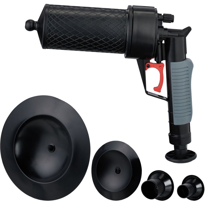 Relaxdays - Pistolet déboucheur à air comprimé, 4 embouts, pour douche, toilette, évier, etc., débouche canalisation, noir