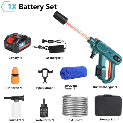 Pistolet lavage HP sans balais – 80 bars – 3 vitesses – Compatible Makita 21V – Vert – 1 batterie – Voiture/jardin