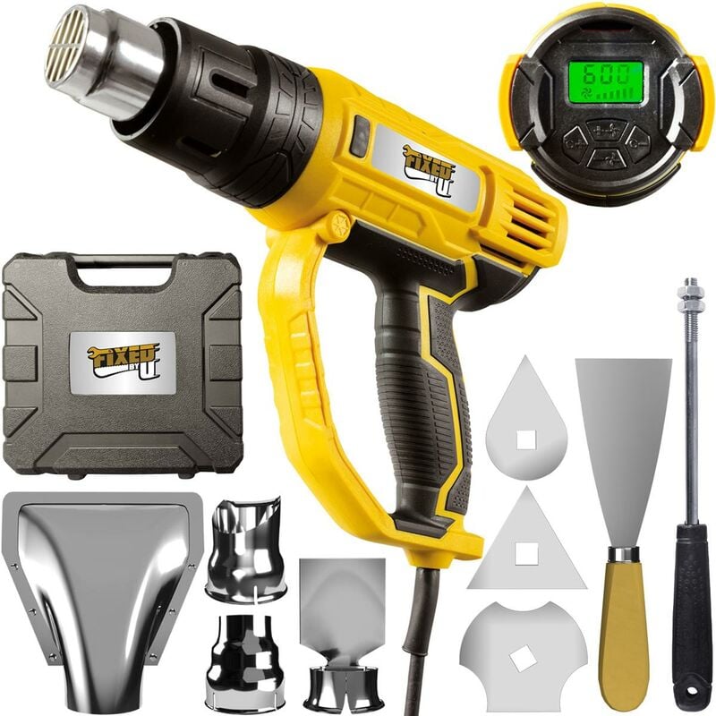 Grizzly Tools - Pistolet électrique à air chaud FixedbyU avec affichage lcd, température & débit d'air réglables de 60 à 600° c, nombreux accessoires