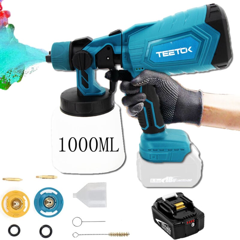 Teetok - Pistolet à peinture,Kit de système de pulvérisation de peinture à batterie Pistolet à peinture électrique Pistolet à peinture 1000 ml
