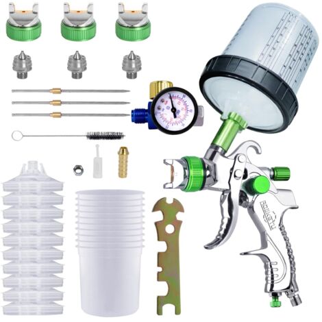 Pistolet pulvérisateur de Peinture avec 10 gobelets jetables de 600 ML et jauge de Pression, kit de Pistolet de pulvérisation de Voiture avec 3 Buses 1,4/1,7/2 mm et gobelet mélangeur (Vert)