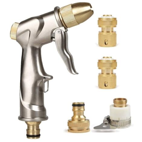 Pistolet pulvérisateur pour tuyau d'arrosage avec buse en laiton, pulvérisateur d'arrosage manuel en métal en alliage de zinc haute pression pour lavage de voiture/arrosage de pelouse (avec 4 connecte