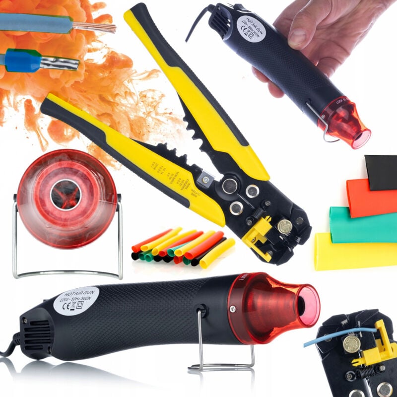 Rosfix Mini Pistola termica ad aria calda 300W + Spelafili automatico con crimpatrice per terminali di connettore + Set di tubi termorestringenti 164