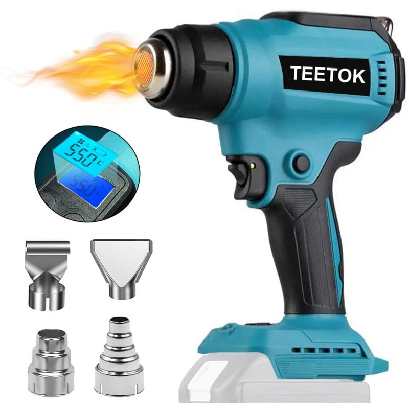 Teetok - Pistolets thermiques, pistolet à air chaud portatif sans fil, 2 réglages de température, écran lcd, 30 °C-550 °c, 4 buses (sans batterie),