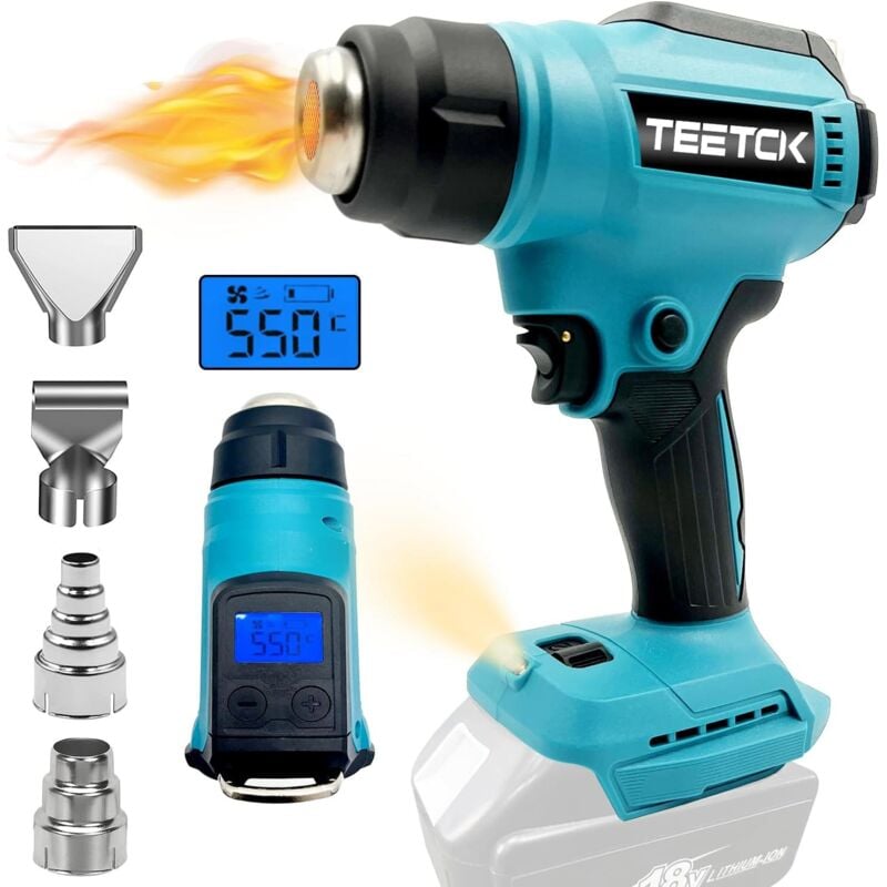 Teetok - Pistolets thermiques, pistolet à air chaud sans fil portable avec écran lcd, 86℉-1022℉, 2 températures avec 4 buses pour l'artisanat de