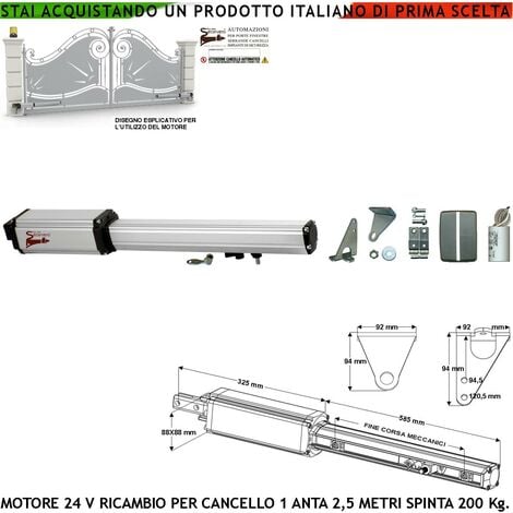 Pistone Cancello Automatico 2,5 Metri Motore 24 Vcc Corsa 400 mm con Sblocco a Chiave Ricambio Automazione Originale Securvera con Finecorsa Meccanici Completo di Staffe Bulloni Ricambio Universale