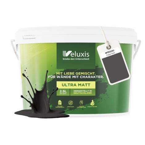 Pittura murale antracite, nero, grigio, opaca, per interni – Copertura classe 1, senza COV, senza primer, a bassa emissione di COV – Soggiorno e camera da letto – 2,5 L – Veluxis (Poppy Seed)