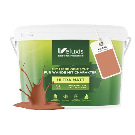 Pittura murale arancione, marrone, beige, opaca, per interni – Copertura classe 1, senza COV, senza primer, a goccia – Soggiorno e camera da letto – 5 L – Veluxis (Ruddy Rosehip)
