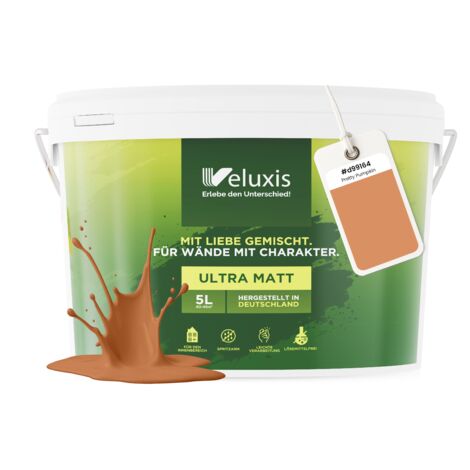 Pittura murale arancione marrone dorato opaca per interni – Copertura classe 1, senza COV, senza primer, a bassa emissione – Soggiorno e camera da letto – 5 L – Veluxis (Pretty Pumpkin)
