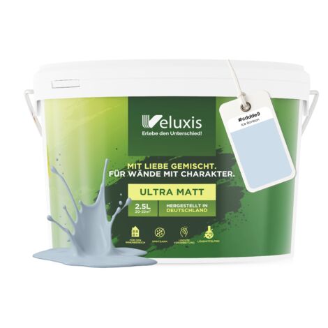 Pittura murale azzurro-grigio chiaro opaca per interni – Copertura classe 1, senza COV, senza primer, a bassa gocciolatura – Soggiorno e camera da letto – 2,5 L – Veluxis (Ice Bonbon)