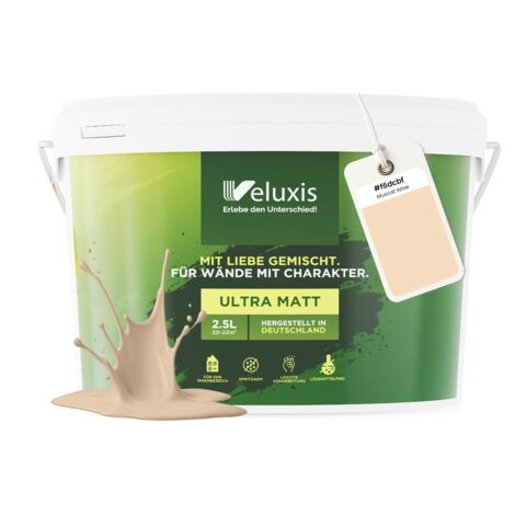 Pittura murale Beige Crema Giallo Opaca per interni – Copertura Classe 1, senza COV, senza primer, a bassa gocciolatura – Soggiorno e camera da letto – 2,5 L – Veluxis (Muscat Wine)