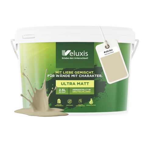 Pittura murale Beige Crema Verde Opaca per interni – Copertura Classe 1, senza COV, senza primer, a goccia – Soggiorno e camera da letto – 2,5 L – Veluxis (Natural Mate)