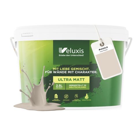 Pittura murale beige grigio grigio chiaro opaca per interni – Copertura classe 1, senza COV, senza primer, a goccia – Soggiorno e camera da letto – 2,5 L – Veluxis (Pure Potato)