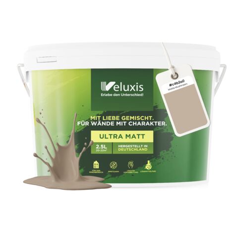 Pittura murale beige marrone crema opaca per interni – Copertura classe 1, senza COV, senza primer, a bassa gocciolatura – Soggiorno e camera da letto – 2,5 L – Veluxis (Matte Mushroom)