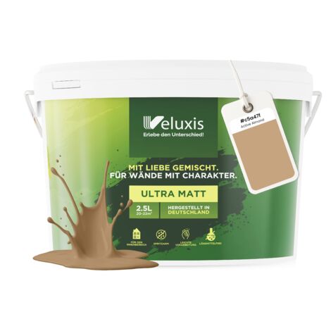 Pittura murale Beige Oro Marrone Opaca per interni – Copertura Classe 1, senza COV, senza primer, a goccia – Soggiorno e camera da letto – 2,5 L – Veluxis (Active Almond)