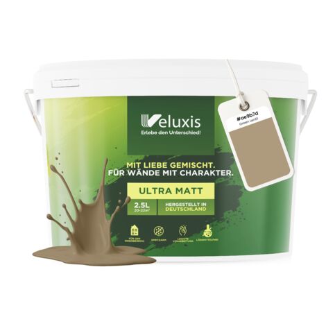 Pittura murale Beige Verde Oro Opaca per interni – Copertura Classe 1, senza COV, senza primer, a bassa gocciolatura – Soggiorno e camera da letto – 2,5 L – Veluxis (Green Lentil)
