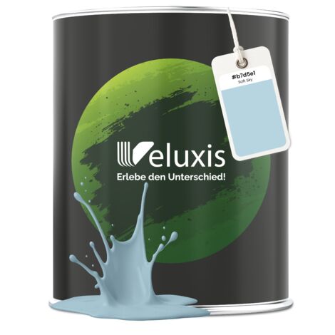 Pittura murale blu, azzurro, grigio chiaro, opaca, per interni – Copertura classe 1, senza COV, senza primer, a bassa gocciolatura – Soggiorno e camera da letto – 1 L – Veluxis (Soft Sky)