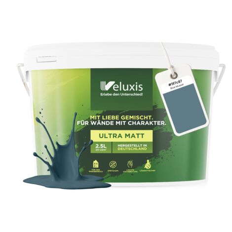 Pittura murale blu grigio petrolio opaca per interni – Copertura classe 1, senza COV, senza primer, a goccia – Soggiorno e camera da letto – 2,5 L – Veluxis (Blue Mussel)