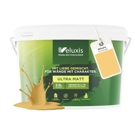 Pittura murale giallo oro crema opaca per interni – Copertura classe 1, senza COV, senza primer, a bassa emissione di COV – Soggiorno e camera da letto – 2,5 L – Veluxis (Playful Pineapple)