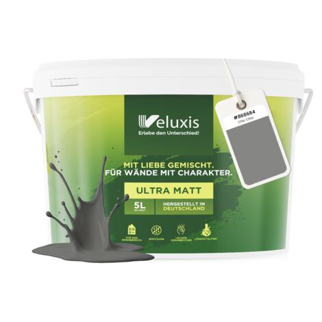 Pittura murale grigio antracite grigio chiaro opaca per interni – Copertura classe 1, senza COV, senza primer, a bassa gocciolatura – Soggiorno e camera da letto – 5 L – Veluxis (Chic Chia)